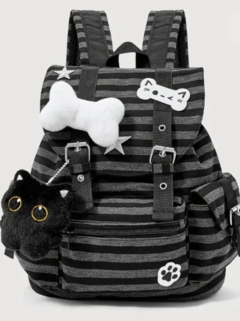 Black Striped Backpack with Plush Charms